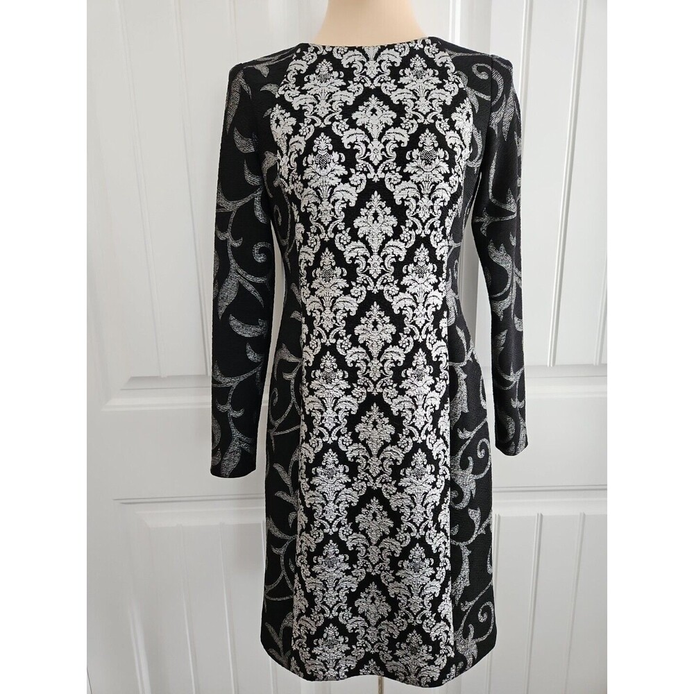 Antonio Melani Metallic Silver Black Filigree Sheath Dress SIZE 2 Long Sleeve - Picture 2 of 9